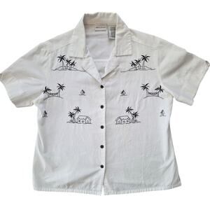 White Stag Embroidered Beach Scene Button-Down Shirt -M Vacation Cotton